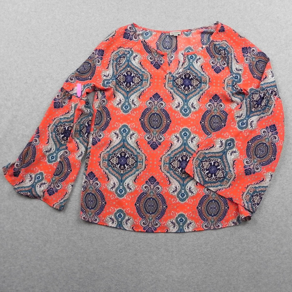 Cremieux Top Womens XS Sheer V-Neck Blouse Colorful Orange Medallion Long Sleeve
